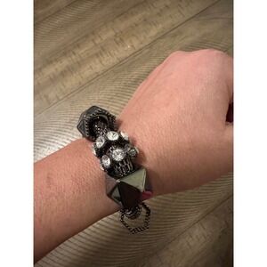 VNTG Y2K Gunmetal Pyramid Stud & Rhinestone Mesh Bracelet | Mall Goth Grunge